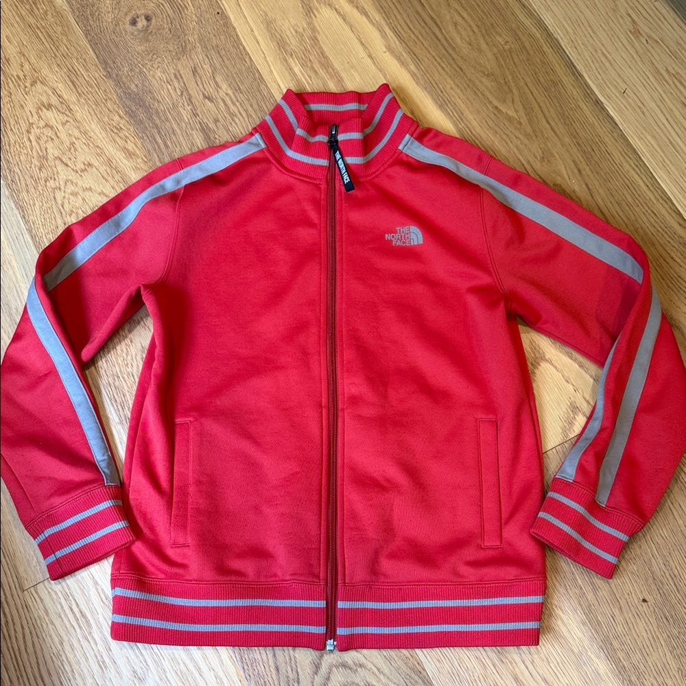 *The North Face Boys Large Red and Gray Jacket Full Zip Striped Cuffs| AJ469